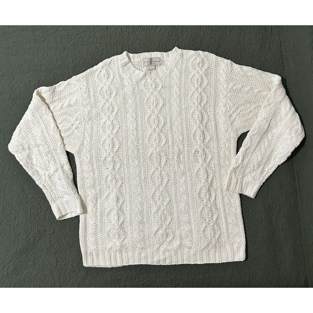 Vintage Men's Cream Linen Cotton Fisherman Sweater Cable Knit Size M